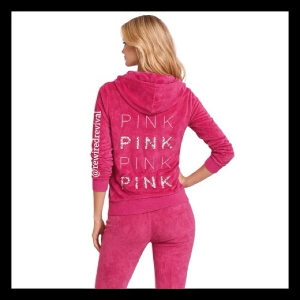 Vintage VS PINK 2013 Fuchsia Velour Bling Hoodie | Hot Pink Sequin Zip-Up M
